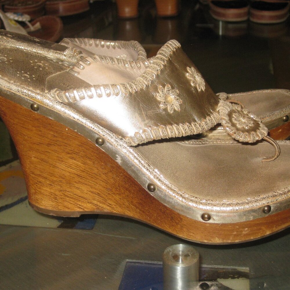 Jack Rogers Sandals  - Gold Metallic Wood Wedge